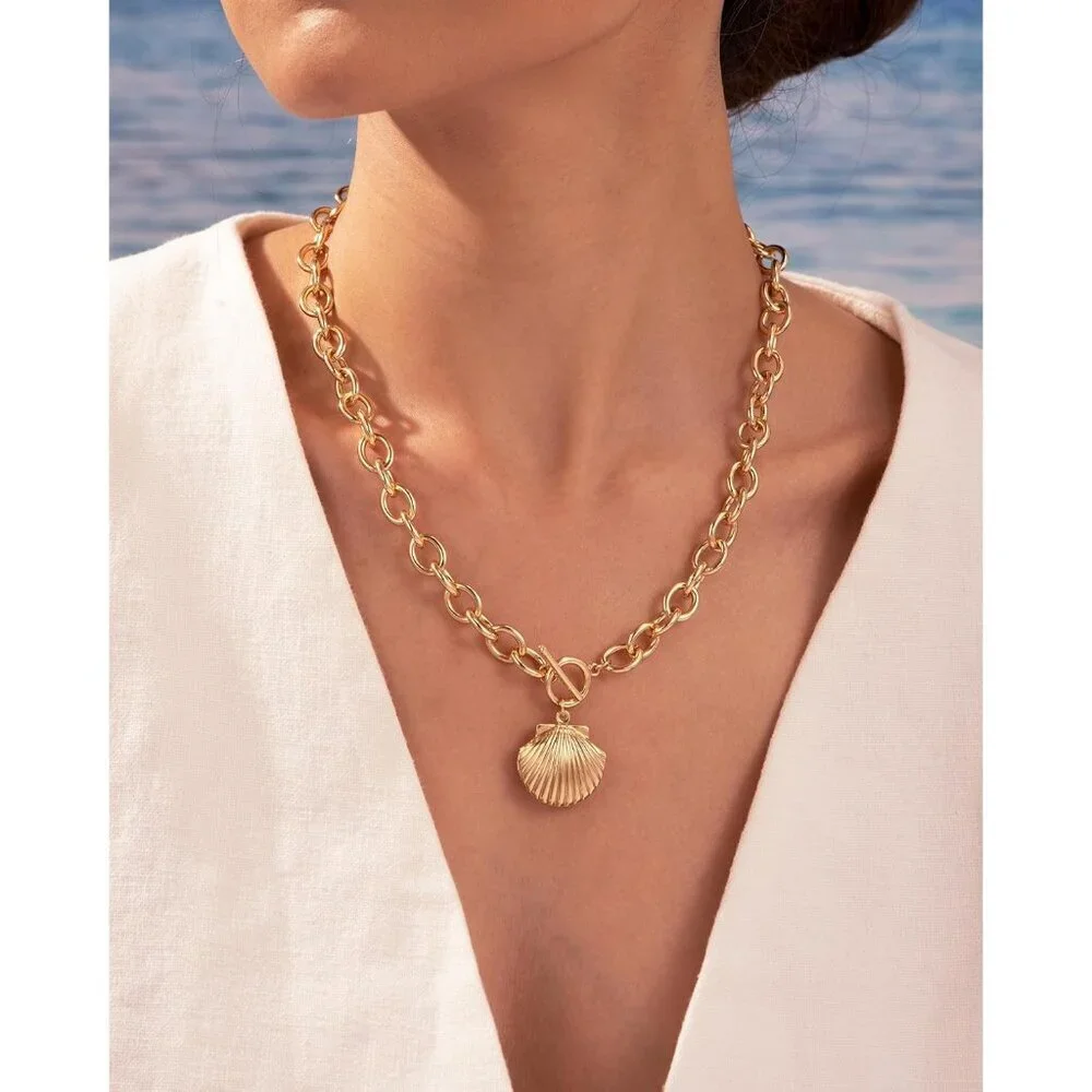 14K Gold shell-gd Plated Chunky Layered Necklace | Paperclip Herringbone Chain - Picture 2 of 6